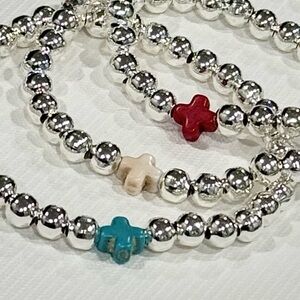 3 Hand Crafted Signature Turquoise Cross and Sterling Silver 6mm Bead Bracelets